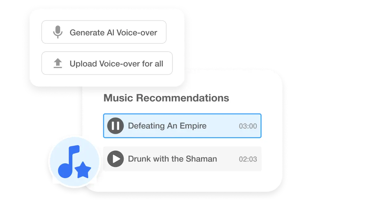 Feature interface of Visla's Screen Step Recorder showing options to generate AI voice-over and upload voice for personalized narration with music recommendations for harmonious background audio.